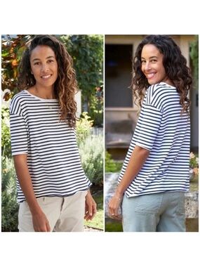 Frank & Eileen Josephine Cotton French Tee Navy White Stripe Rolled Hems M